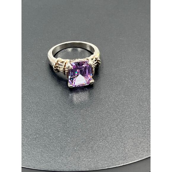 Designer 925 Sterling Silver Large Rectangle Cut Purple Blue Prong CZ Ring Sz 9 - Picture 8 of 11